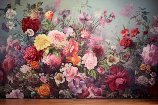 painted wallpaper wall flowers, stock photo --ar 3:2 --v 5.2 Job ID: a28aba5c-cc16-45ad-9f5f-7683fa82a6f4