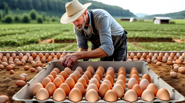 Farmer collects eggs in egg trough eco poultry farm. free range chicken farm.