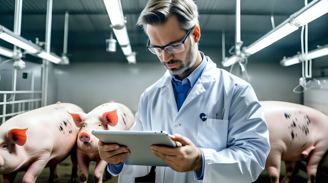 Veterinarian indoors on pig farm using tablet during examination.