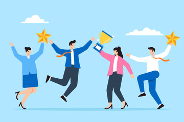 Business people celebrating success with stars and happy reward in flat design