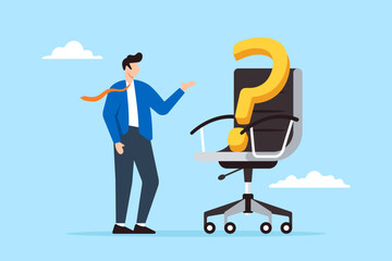 Businessman candidate looking question mark on office chair in flat design - Powered by Adobe