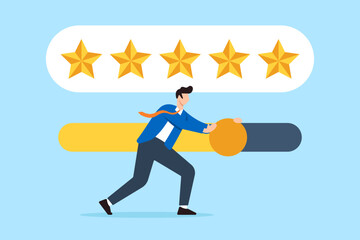 Five star feedback review from satisfied customer or client with slider bar in flat design