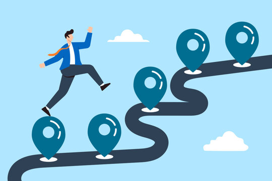 Businessman running towards milestone on the corporate map in flat design