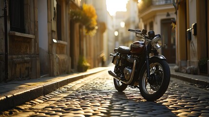 Vintage Motorcycle Parked on Cobblestone Street at Sunrise