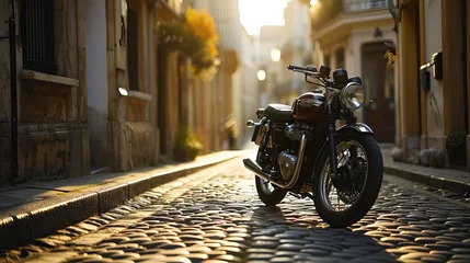 Foto op Plexiglas Vintage Motorcycle Parked on Cobblestone Street at Sunrise © AounMuhammad
