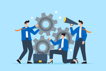 Business team work together with gear cogwheel in flat design