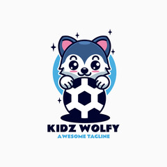 Vector Logo Illustration Kids Wolf Mascot Cartoon Style.