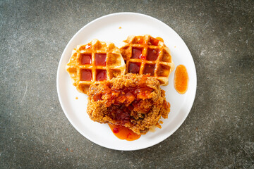 fried chicken with waffle and spicy sauce