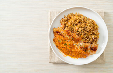 grilled chicken steak with red curry sauce and rice