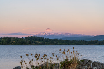 View of Villarrica Volcano on Lake Panguipulli during a beautiful sunset