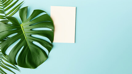 An overhead perspective of monstera tropical plant leaves set against in a light blue background