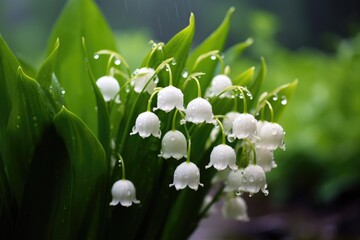 Beautiful white flowers lilly of the valley in rainy garden. Convallaria majalis woodland flowering plant. - obrazy, fototapety, plakaty