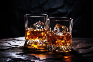 Two glasses of scotch whiskey and ice