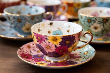 The designer teacup with colorful glaze is isolated on the table