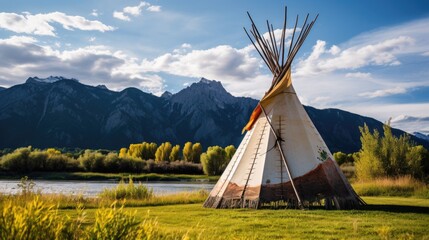 Teepee with mountains in background.