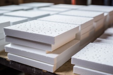 Sheets of expanded polystyrene for house thermal insulation during constructions.