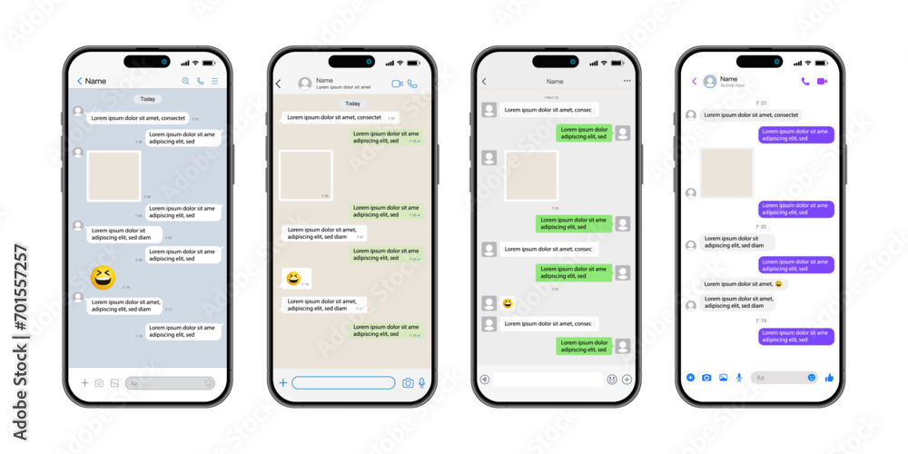 Poster instant messaging mobile app templates with chatting screen. sms chat composer. smart phone chatting