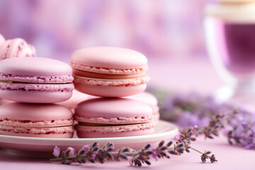 Obraz na płótnie Canvas Rose flavored macaron on a gentle lavender backdrop with space for text