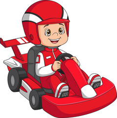 Cartoon little boy driving racing car