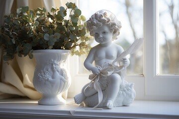 A Glossy Ceramic Cupid Figurine on a Plain White Windowsill