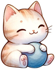 Cute cat Watercolor,This picture is a cute drawing of a white and gray cat with an orange nose.