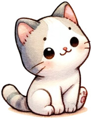 Cute cat Watercolor,This picture is a cute drawing of a white and gray cat with an orange nose.
