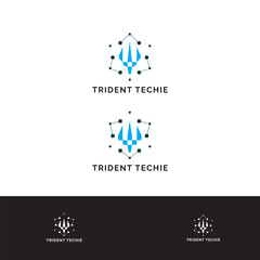 Trident Techie logo design with Poseidon Staff with dot connected icon logo design illustration