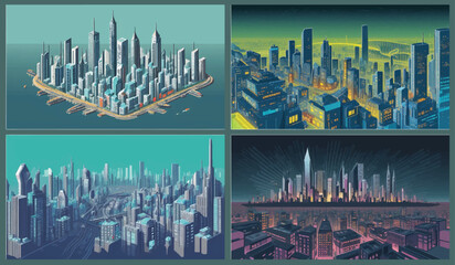 Vector set of night sky landscapes, City, mountains and forest on a background. illustration vector file.