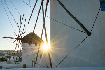 Windmill of Mykonos island with sun flare 