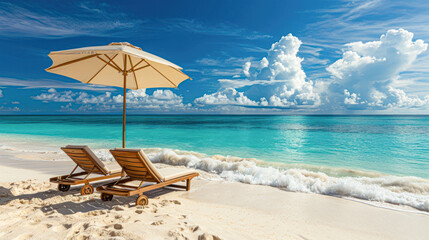 beds and umbrella on a tropical beach