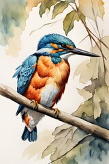 Blue kingfisher perching on a branch in nature.