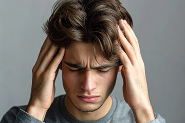 Feeling terrible headache. Portrait of young muscular man is standing and touching his temples while suffering from pain. He is frowning while keeping eyes closed