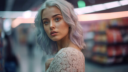 young adult woman or teenager, critical look, disappointed or worried, looking around, in a supermarket discount groceries store, blonde-white dyed hair, age 30, confused or worried and shocked - obrazy, fototapety, plakaty