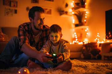 a father and son playing video games, sharing love and happiness 