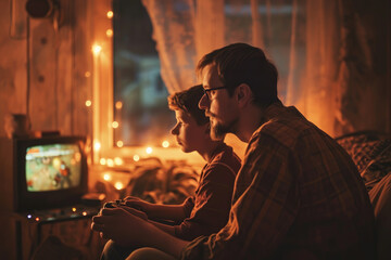 Fototapeta na wymiar a father and son playing video games, sharing love and happiness 