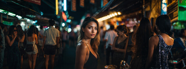 a young adult girl Woman close-up in the evening or night with a neutral or serious facial expression, fictional location - obrazy, fototapety, plakaty