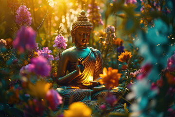 Glowing buddha decorated with flowers in heaven light