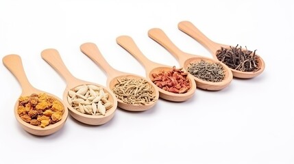 Wooden spoon with various kinds of spices. white background
