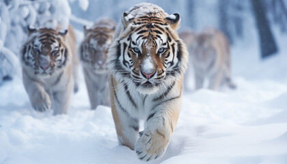 A pack of Siberian tigers walking through a snowy forest, AI generated
