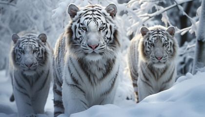 A pack of Siberian tigers walking through a snowy forest, AI generated