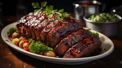 delicious meatloaf with vegetable topping, black and blurred background