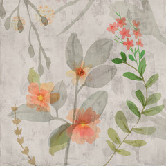 Watercolor seamless pattern with isolated hand drawn colorful flowers on grunge background.