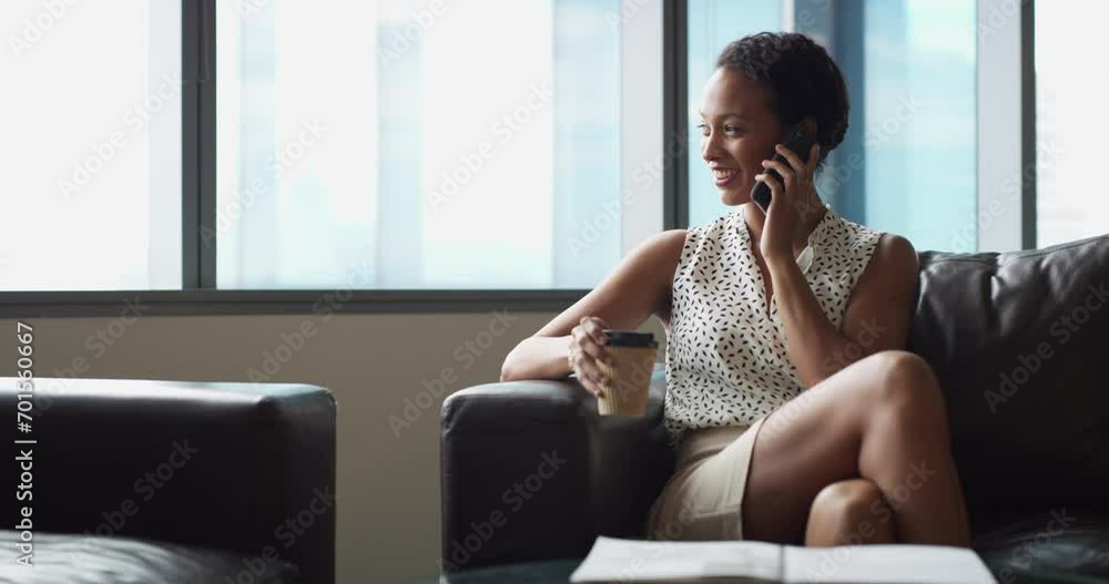 Sticker Cellphone call, talking and professional woman consulting, communication and negotiation with investment contact. Morning coffee break, phone or sales agent speaking, chat and networking consultation