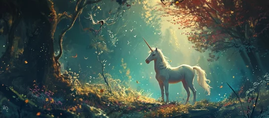 Tuinposter a beautiful unicorn running in the forest. Fantasy art © YuDwi Studio