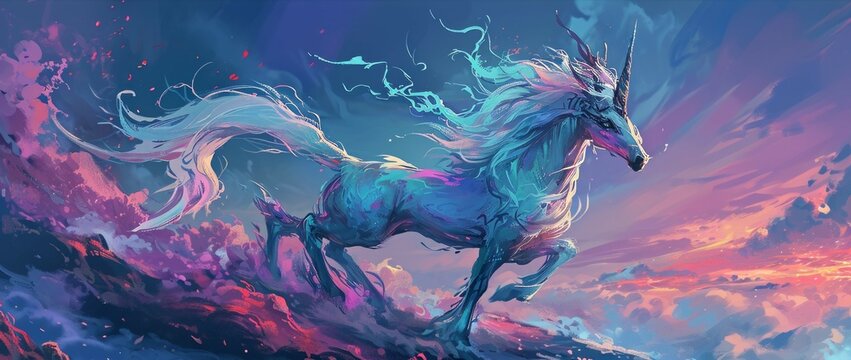 A Beautiful Unicorn Running In The Forest. Fantasy Art