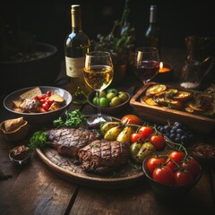 A photo of delicious food item like meat piece with fruits and drinks on table Generative AI