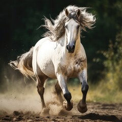 White horse galloping outdoors against the background of the forest, AI
