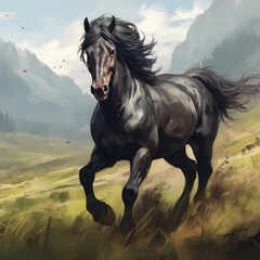 Obraz na płótnie Canvas Realistic drawing of a black horse galloping through a green meadow, AI