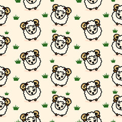 Seamless pattern. Sheep icon. Sheep in grass. Cute kawaii cartoon. Funny smiles for wrapping paper, textile print. Nursery decor. Light yellow background.