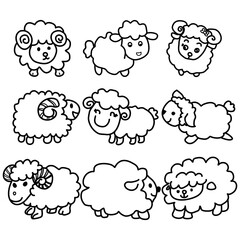There are many different miniature sheep cartoons and black and white vector illustration sheep in cartoon style for coloring books.